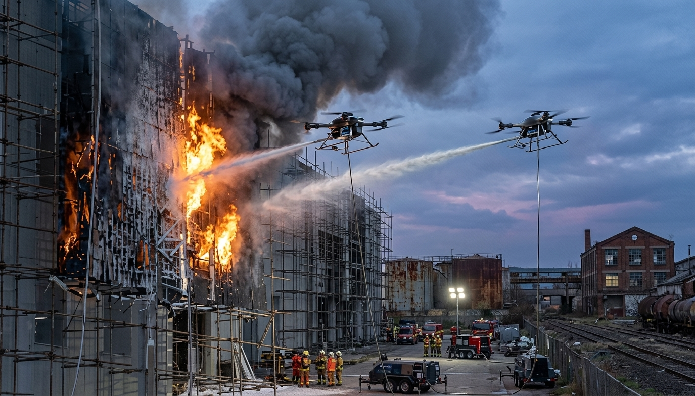 Two Aevon aircraft working the face of a burning building from standoff while the crew stays below — concept render