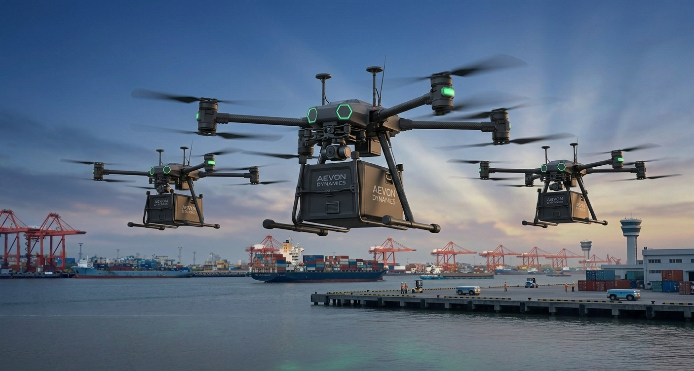 Three Aevon aircraft carrying mission equipment over a working port — concept render